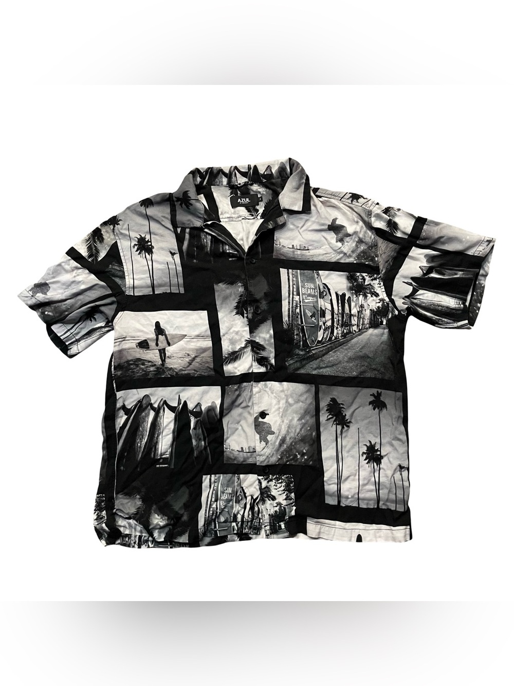 Azul by Moussy Short Sleeve Shirt Button Up Photo Mosaic Hawaiian Surf Medium